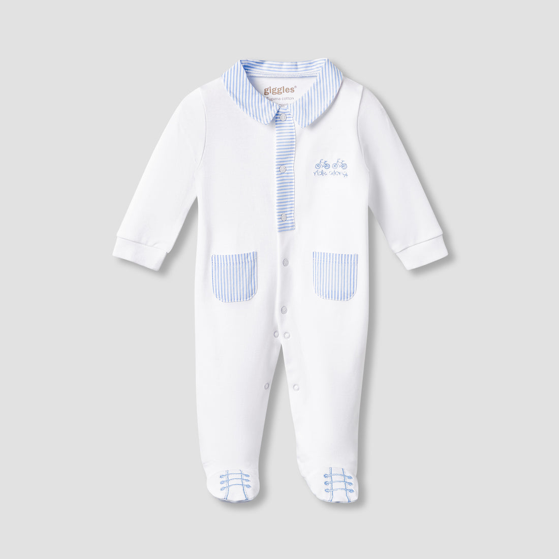 Giggles Striped Sleepsuit with Long Sleeves and Button Closure - White / 9-12 mths