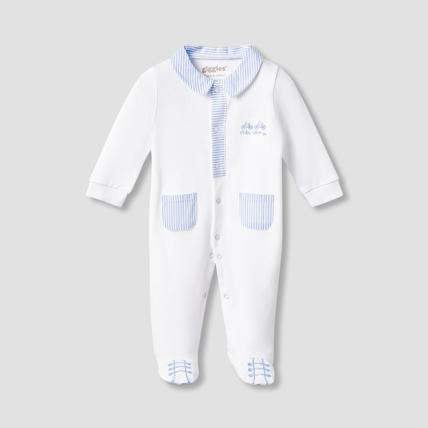 Giggles Striped Sleepsuit with Long Sleeves and Button Closure - White / 9-12 mths