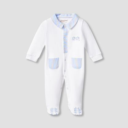 Giggles Striped Sleepsuit with Long Sleeves and Button Closure - White / 9-12 mths