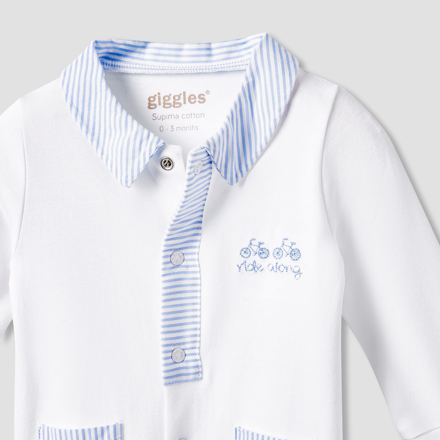 Giggles Striped Sleepsuit with Long Sleeves and Button Closure