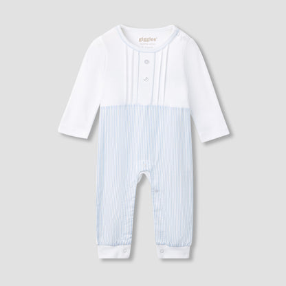 Giggles Striped Sleepsuit with Long Sleeves and Button Closure