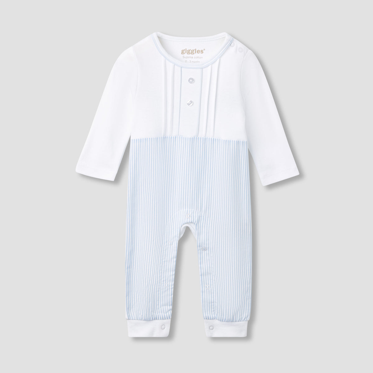Giggles Striped Sleepsuit with Long Sleeves and Button Closure