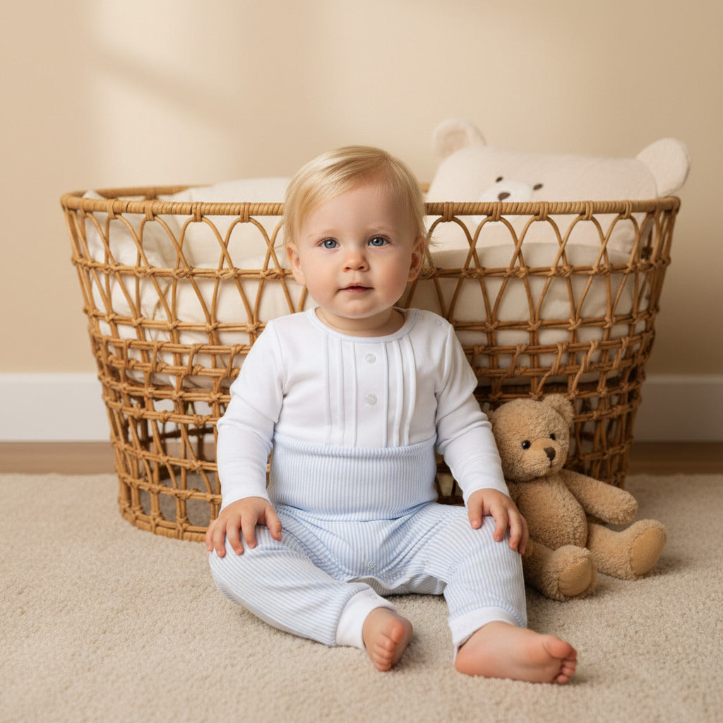 Giggles Striped Sleepsuit with Long Sleeves and Button Closure