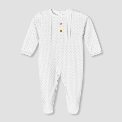 Giggles Cotton Round Neck Long Sleeves Sleepsuit with Button Applique - White / 9-12 mths