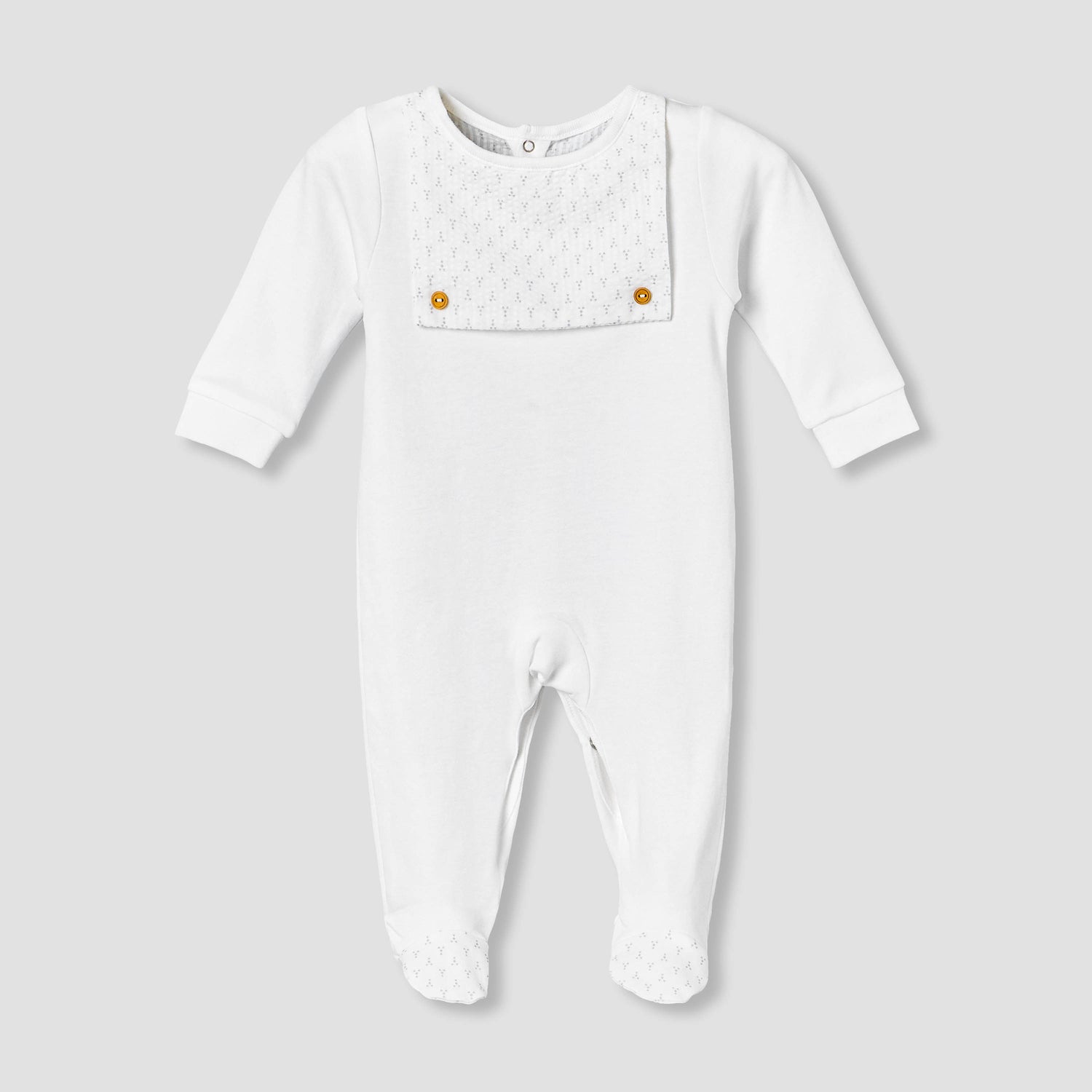 Giggles Cotton Crew Neck Long Sleeve Sleepsuit with Button Applique - White / 9-12 mths