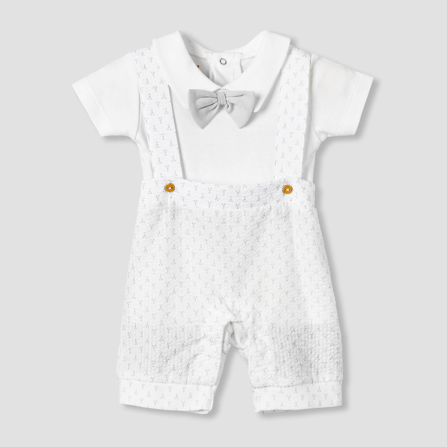 Giggles Collar Short Sleeves T-shirt and Dungaree Set with Bow - White / 12-18 mths