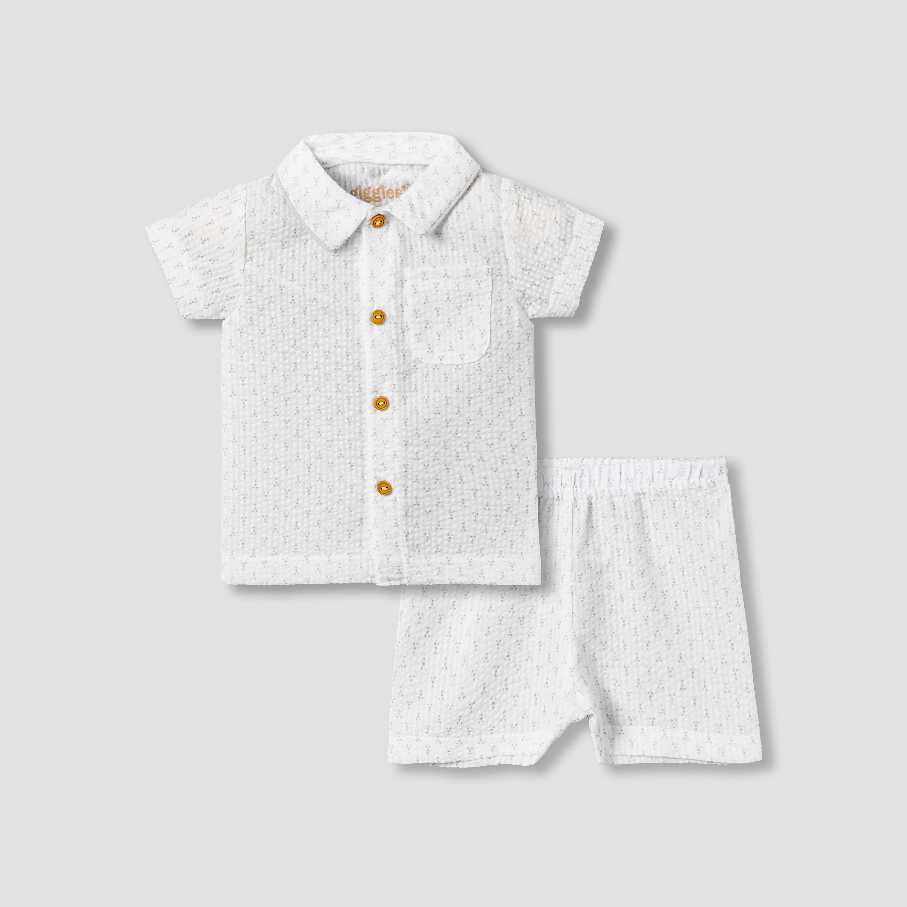 Giggles Cotton Collared Short Sleeve Pyjama Set with Dot Print - White / 12-18 mths