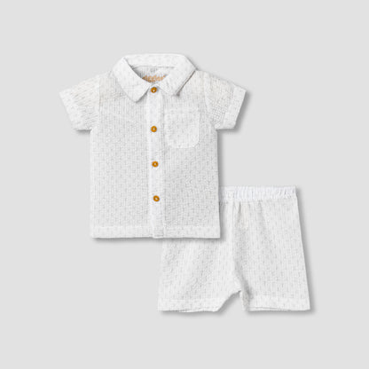 Giggles Cotton Collared Short Sleeve Pyjama Set with Dot Print - White / 12-18 mths