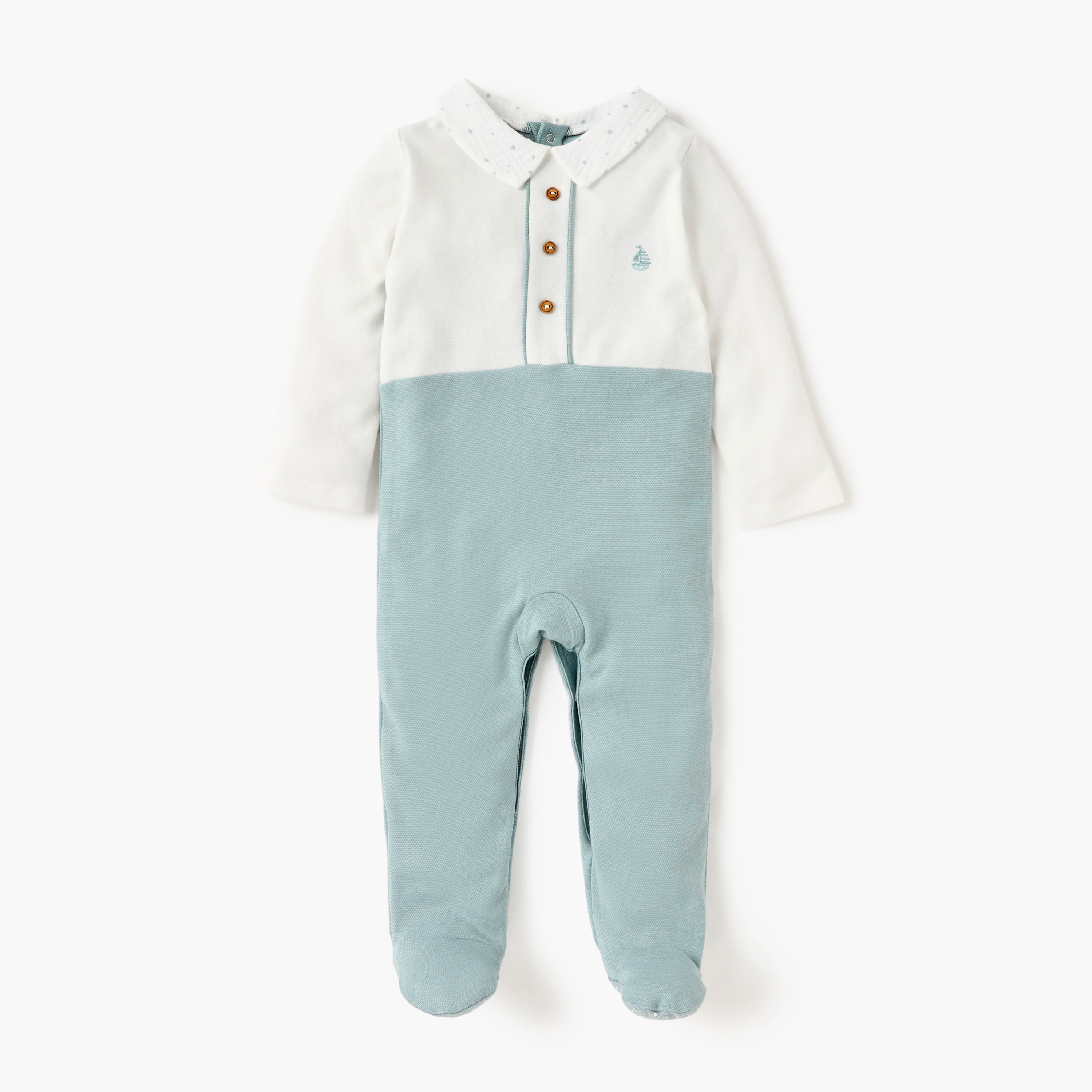 Giggles Colourblock Closed Feet Sleepsuit with Button Closure - Blue / 9-12 mths