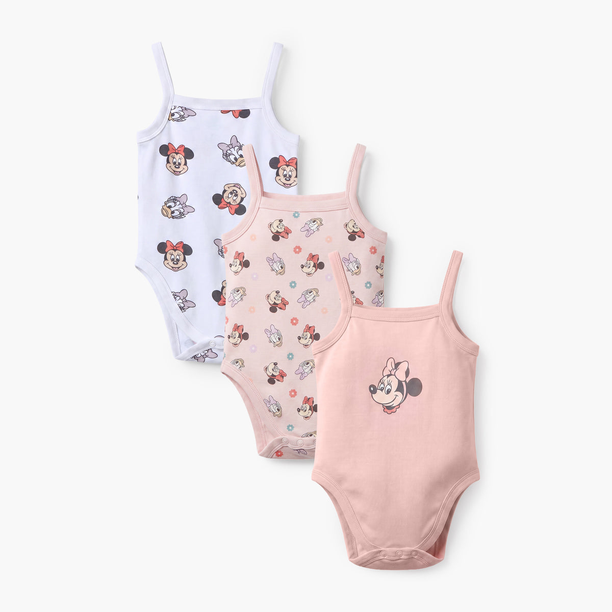 Pack of 3 Disney Cotton Square Neck Strappy Bodysuit with Minnie Mouse Print