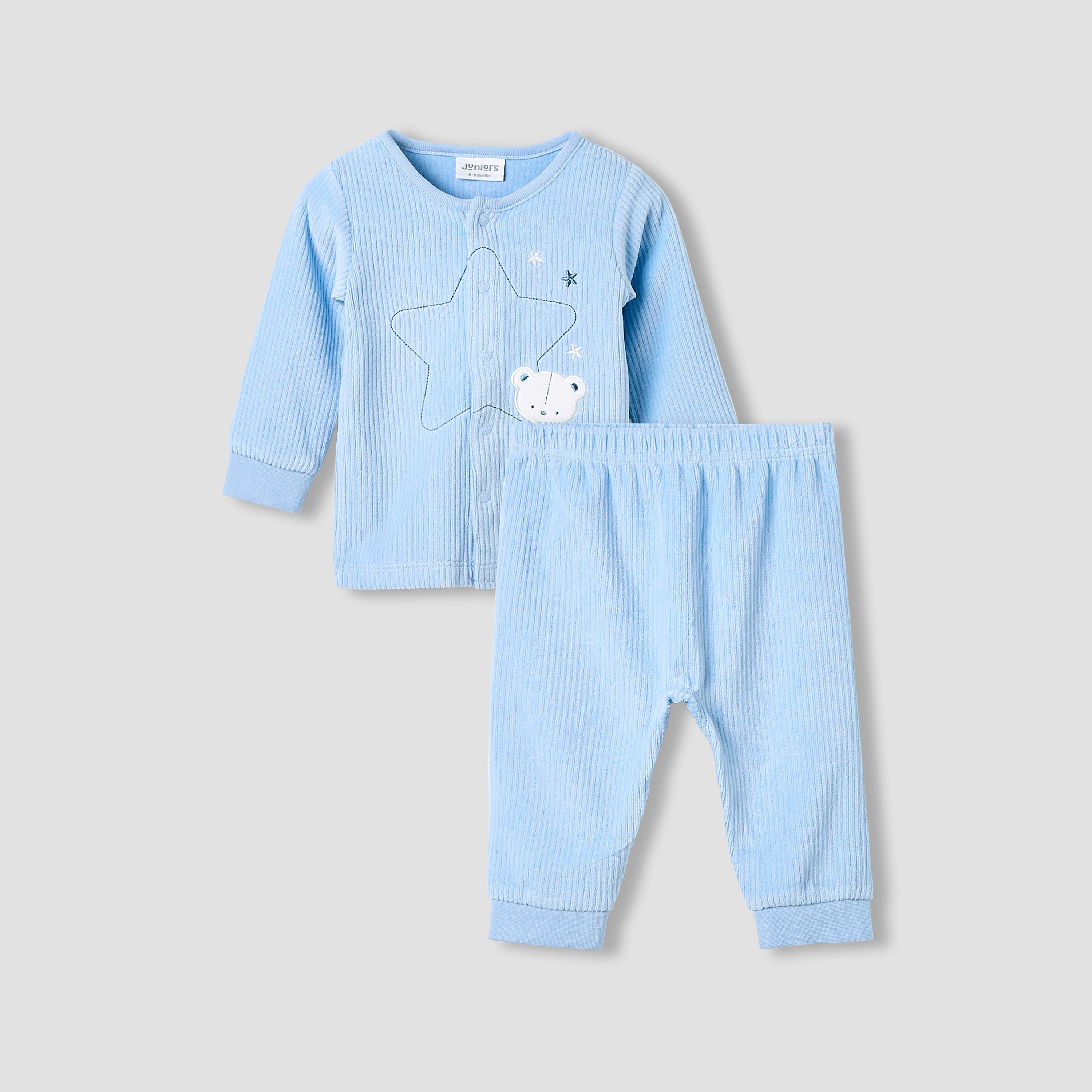 Juniors Pyjama Set with Embroidery - Long Sleeves - Round Neck - Blue / 12-18 mths