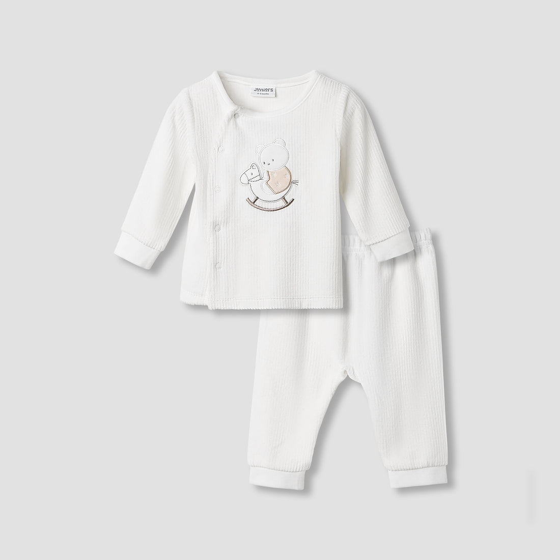 Juniors Pyjama Set with Bear Applique - Velour - Long Sleeves - Round Neck - White / 12-18 mths