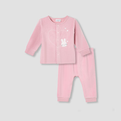 Juniors Pyjama Set with Bunny Applique - Velour - Long Sleeves - Round Neck - Pink / 12-18 mths