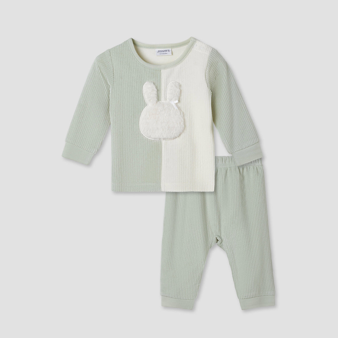 Juniors Pyjama Set with Bunny Applique - Velour - Long Sleeves - Round Neck - Green / 18-24 mths