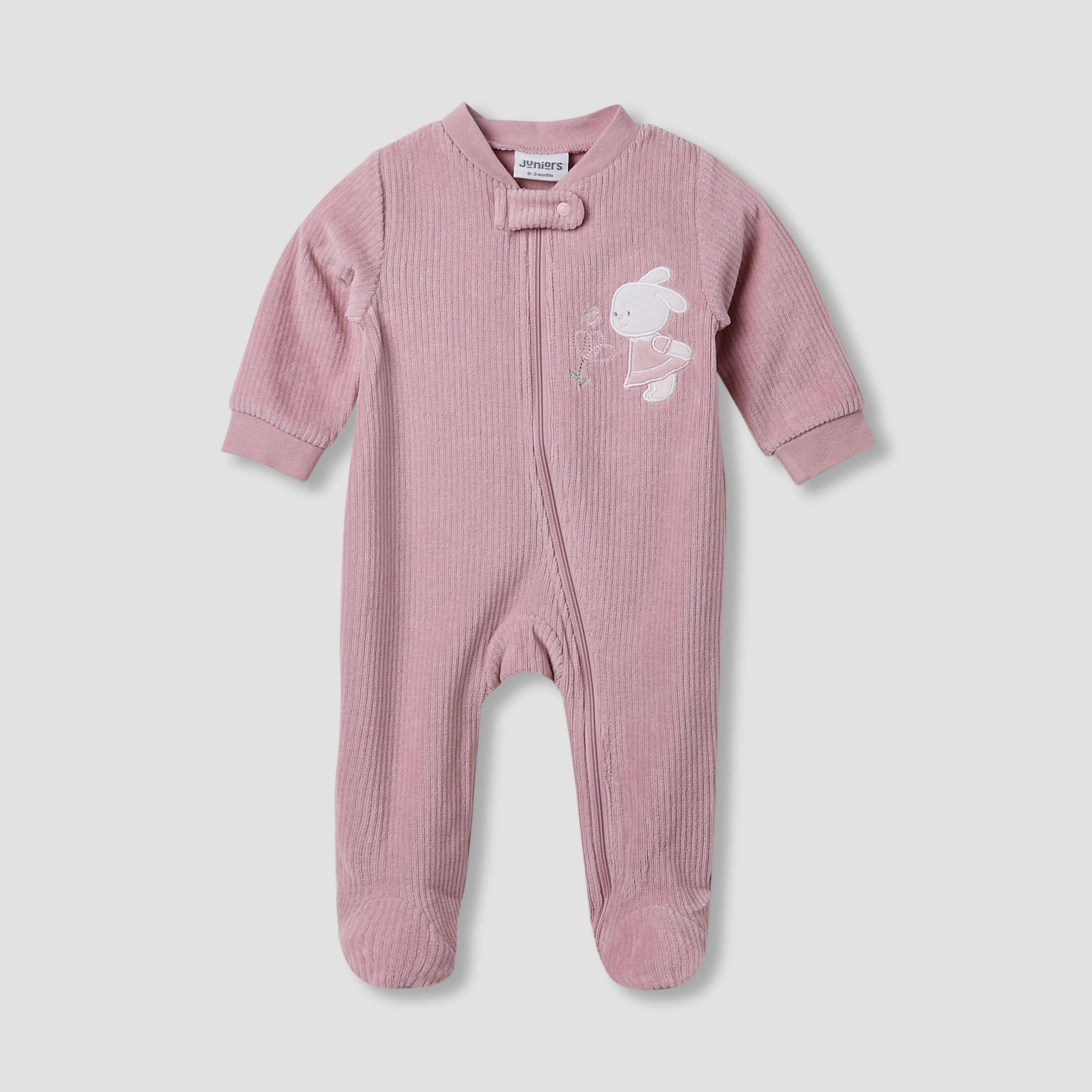 Juniors Round Neck Sleepsuit with Corduroy Texture - Cotton Blend - Long Sleeves - Pink / 9-12 mths