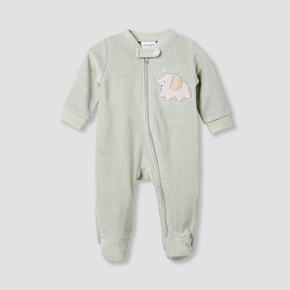 Juniors Crew Neck Sleepsuit with Corduroy Texture - Cotton Blend - Long Sleeves - Green / 9-12 mths