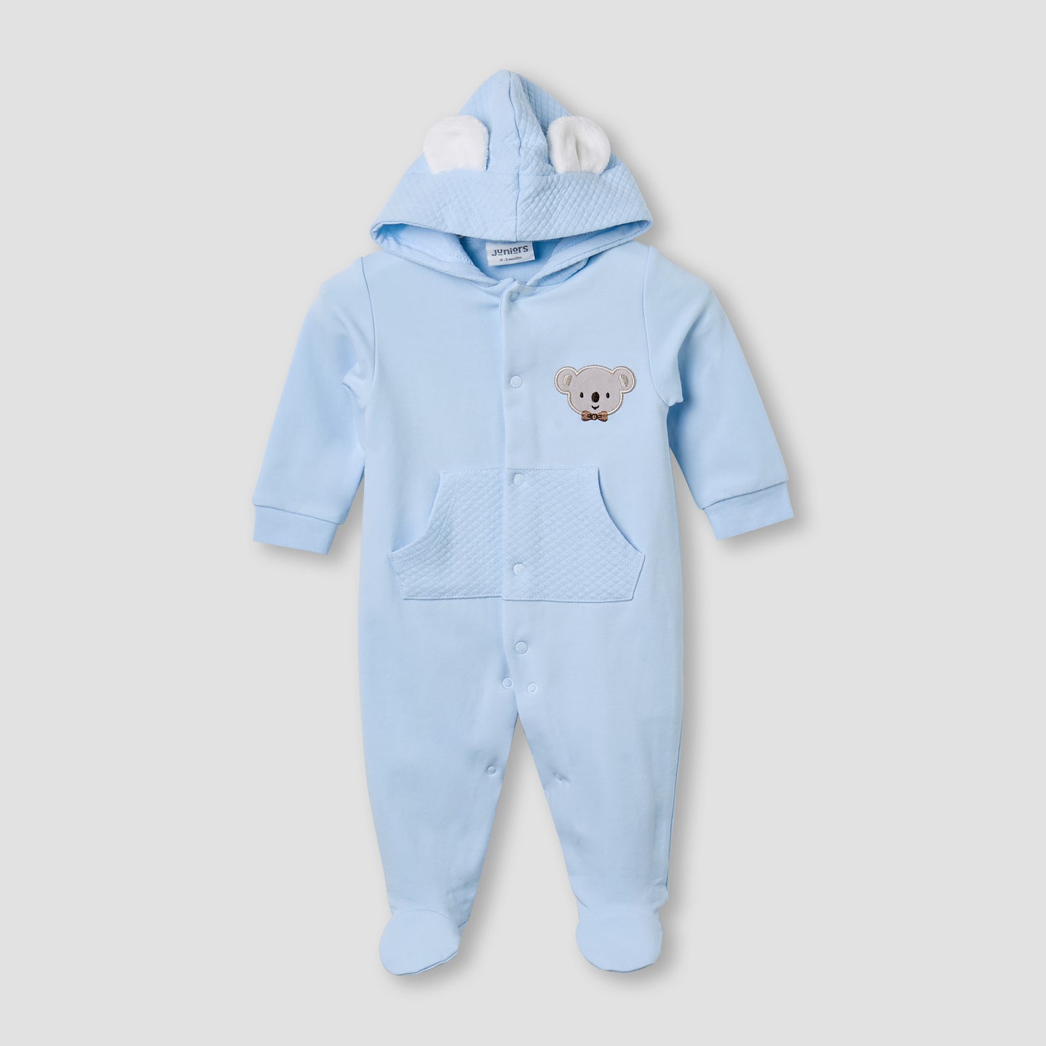 Juniors Hooded Sleepsuit with Koala Applique - Cotton - Long Sleeves - Blue / 9-12 mths