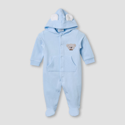 Juniors Hooded Sleepsuit with Koala Applique - Cotton - Long Sleeves - Blue / 9-12 mths