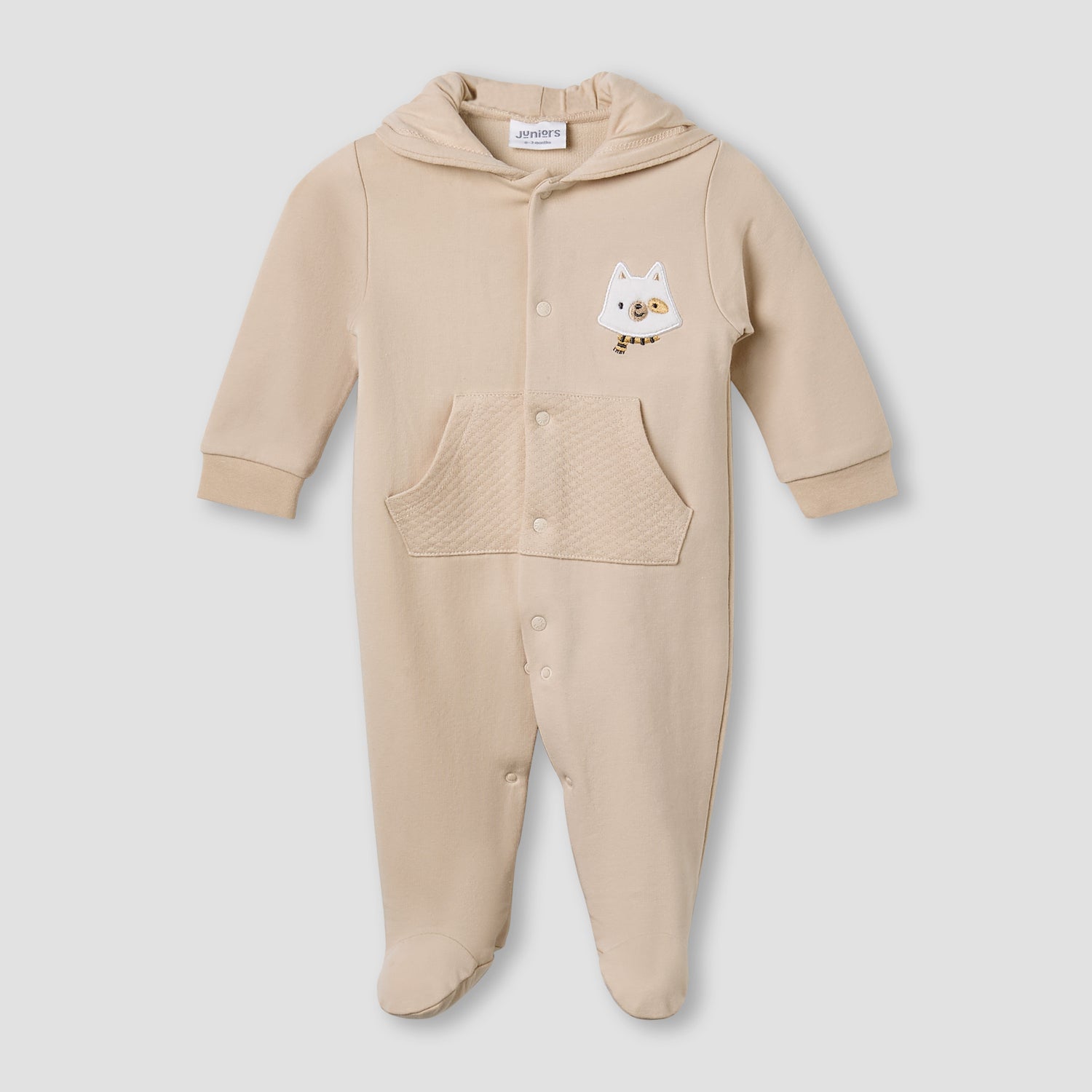 Juniors Hooded Sleepsuit with Animal Applique - Cotton - Long Sleeves - Beige / 9-12 mths