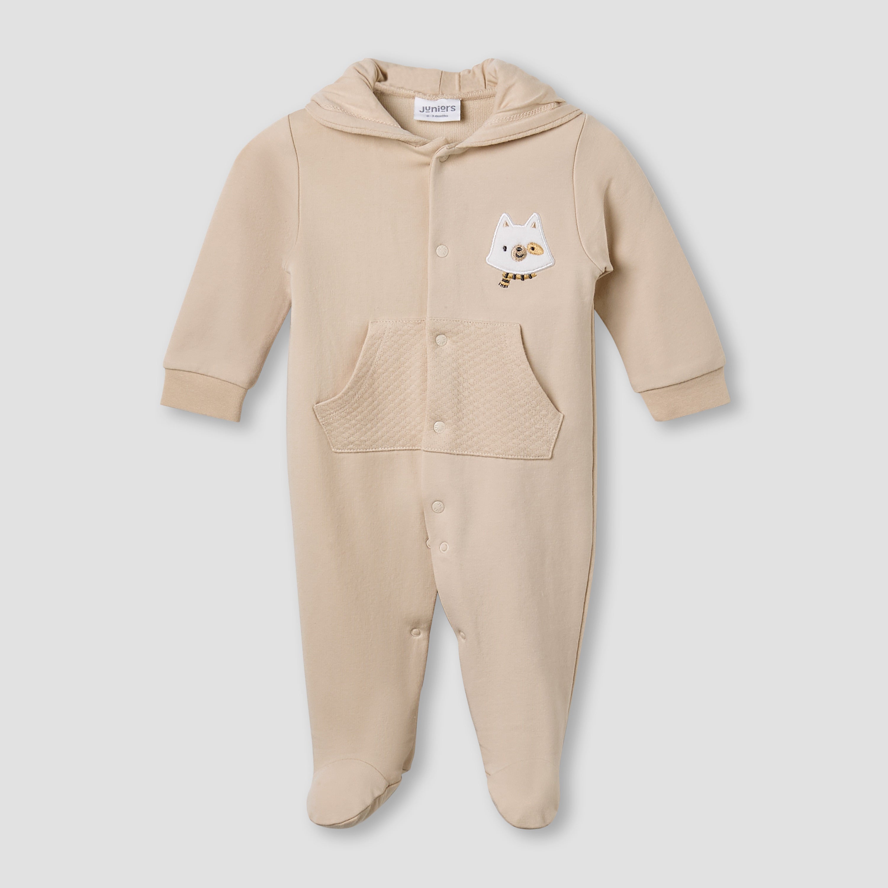 Juniors Hooded Sleepsuit with Animal Applique - Cotton - Long Sleeves - Beige / 9-12 mths
