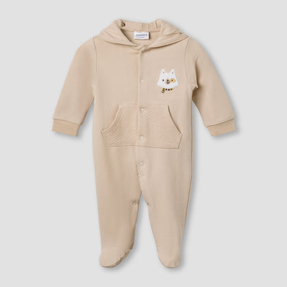 Juniors Hooded Sleepsuit with Animal Applique - Cotton - Long Sleeves - Beige / 9-12 mths