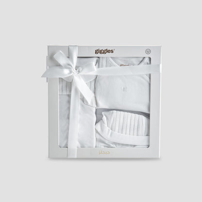 Giggles 4-Piece Boys Gift Set - Cotton - Sleepsuit, Cap, Bodysuit - Textured - White / 0-3 mths