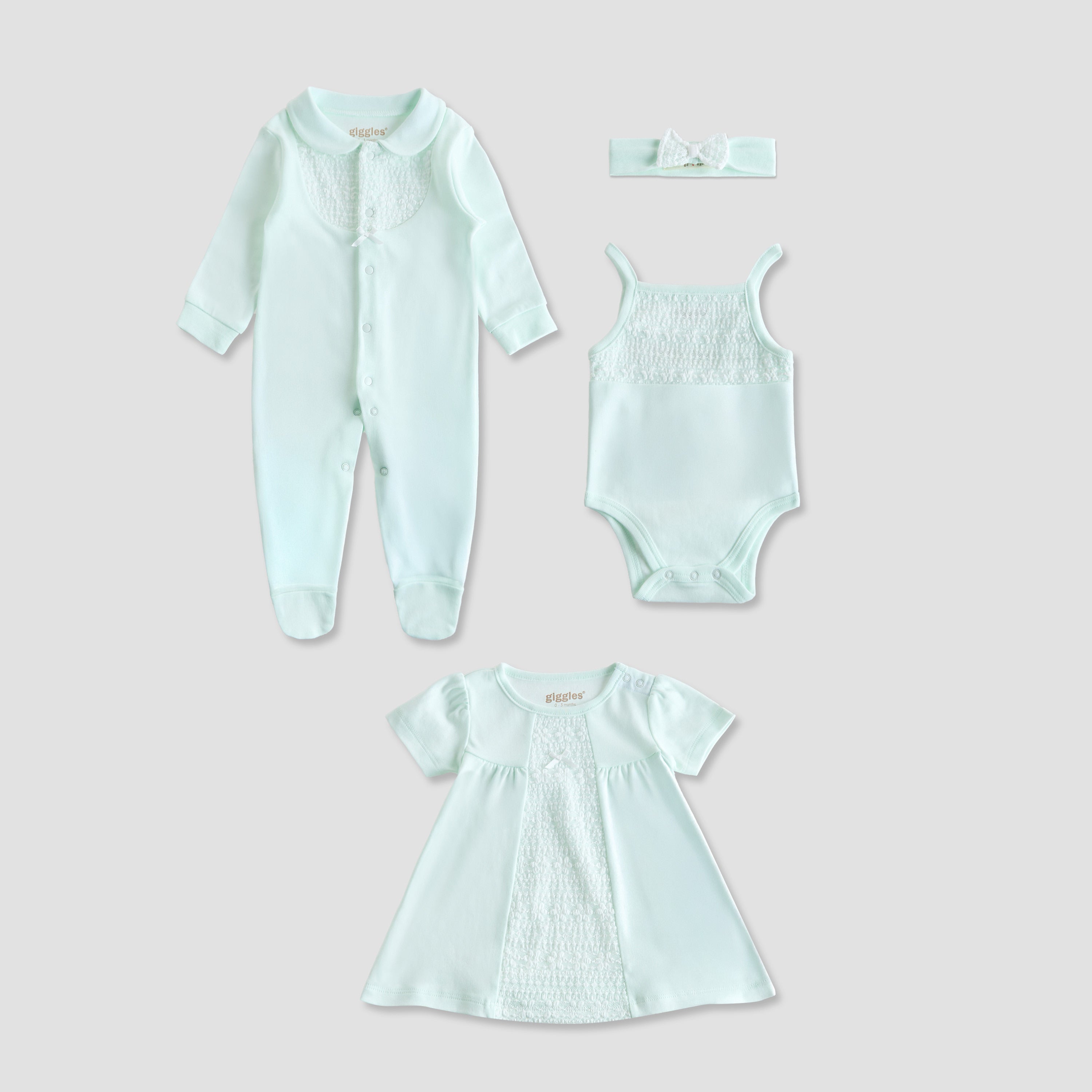 Giggles 4-Piece Girls Gift Set - Cotton - Sleepsuit, Bodysuit, Dress - Lace Detail