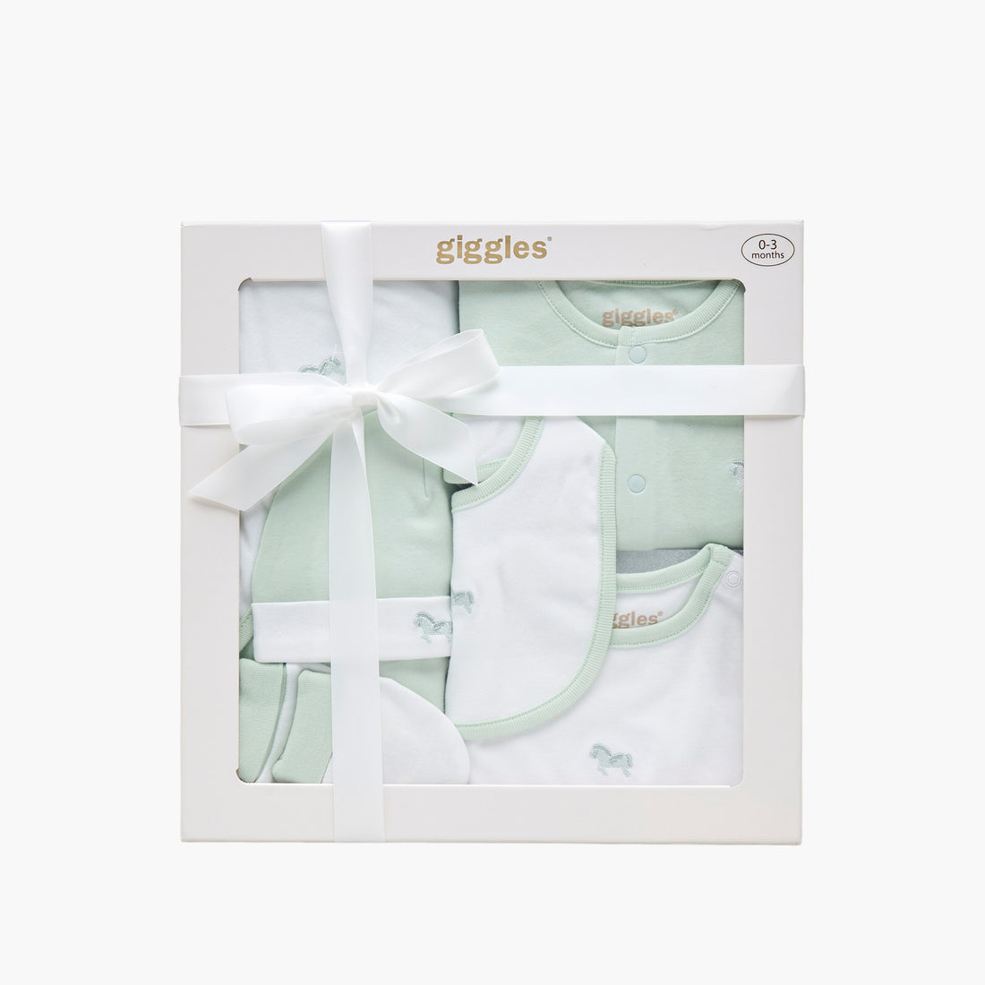 Set of 6 Giggles Clothing Gift Set with Horse Embroidery - Green / 0-3 mths