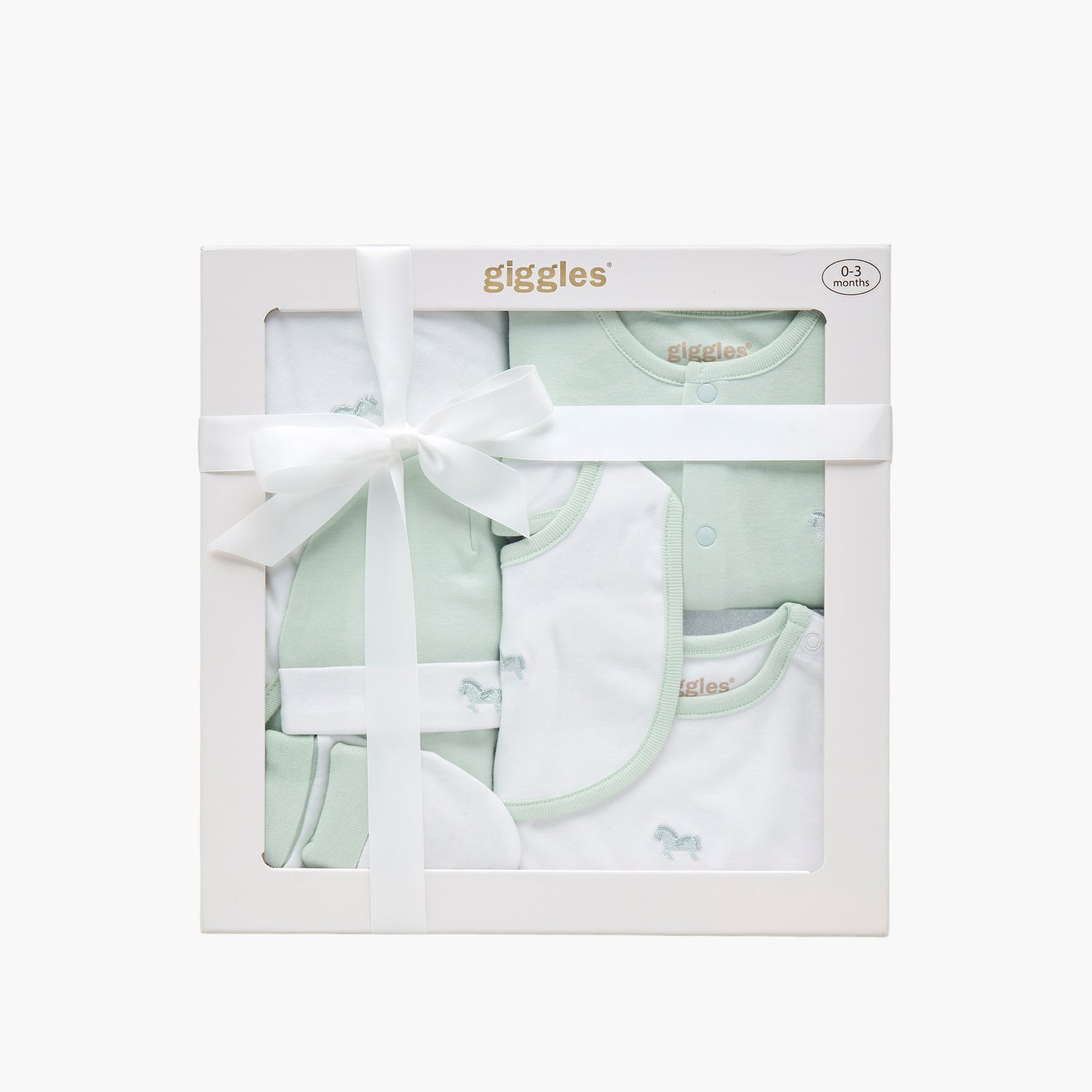 Set of 6 Giggles Clothing Gift Set with Horse Embroidery - Green / 0-3 mths