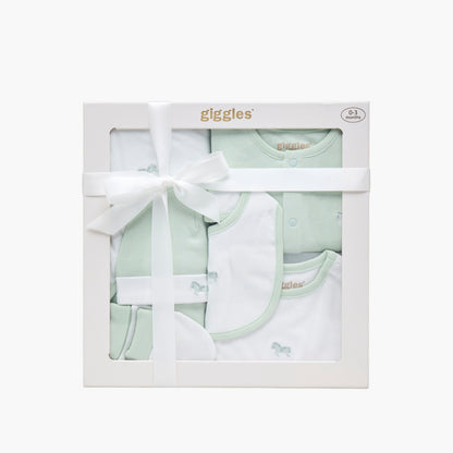 Set of 6 Giggles Clothing Gift Set with Horse Embroidery - Green / 0-3 mths