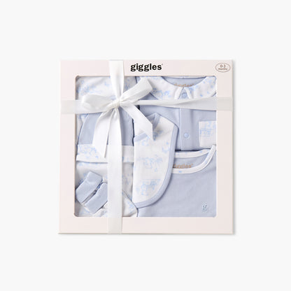 Set of 6 Giggles Clothing Gift Set with Bear Print - Blue / 0-3 mths