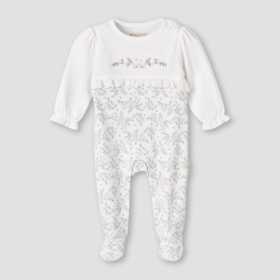Giggles Cotton Round Neck Long Sleeves Sleepsuit with Floral Embroidery - White / 12-18 mths