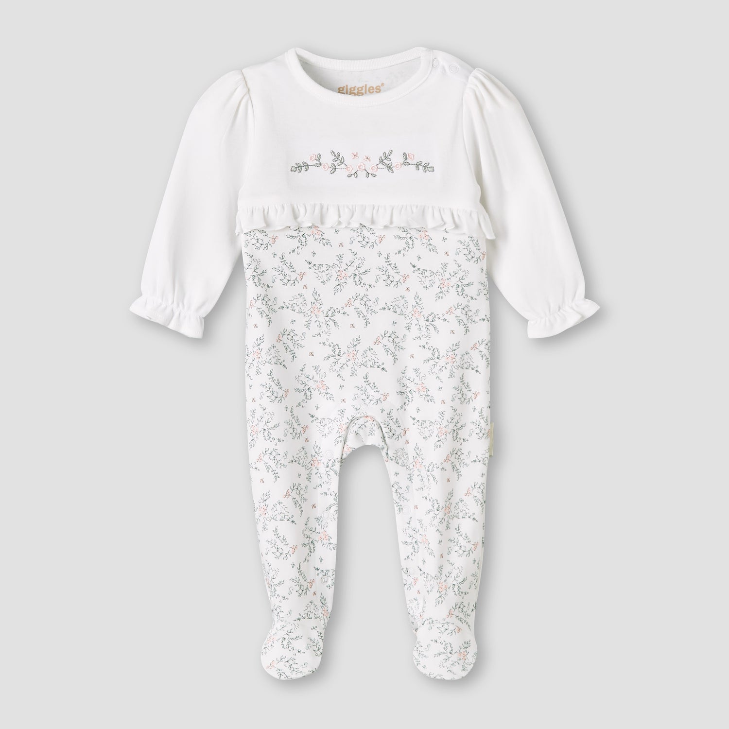 Giggles Cotton Round Neck Long Sleeves Sleepsuit with Floral Embroidery - White / 12-18 mths