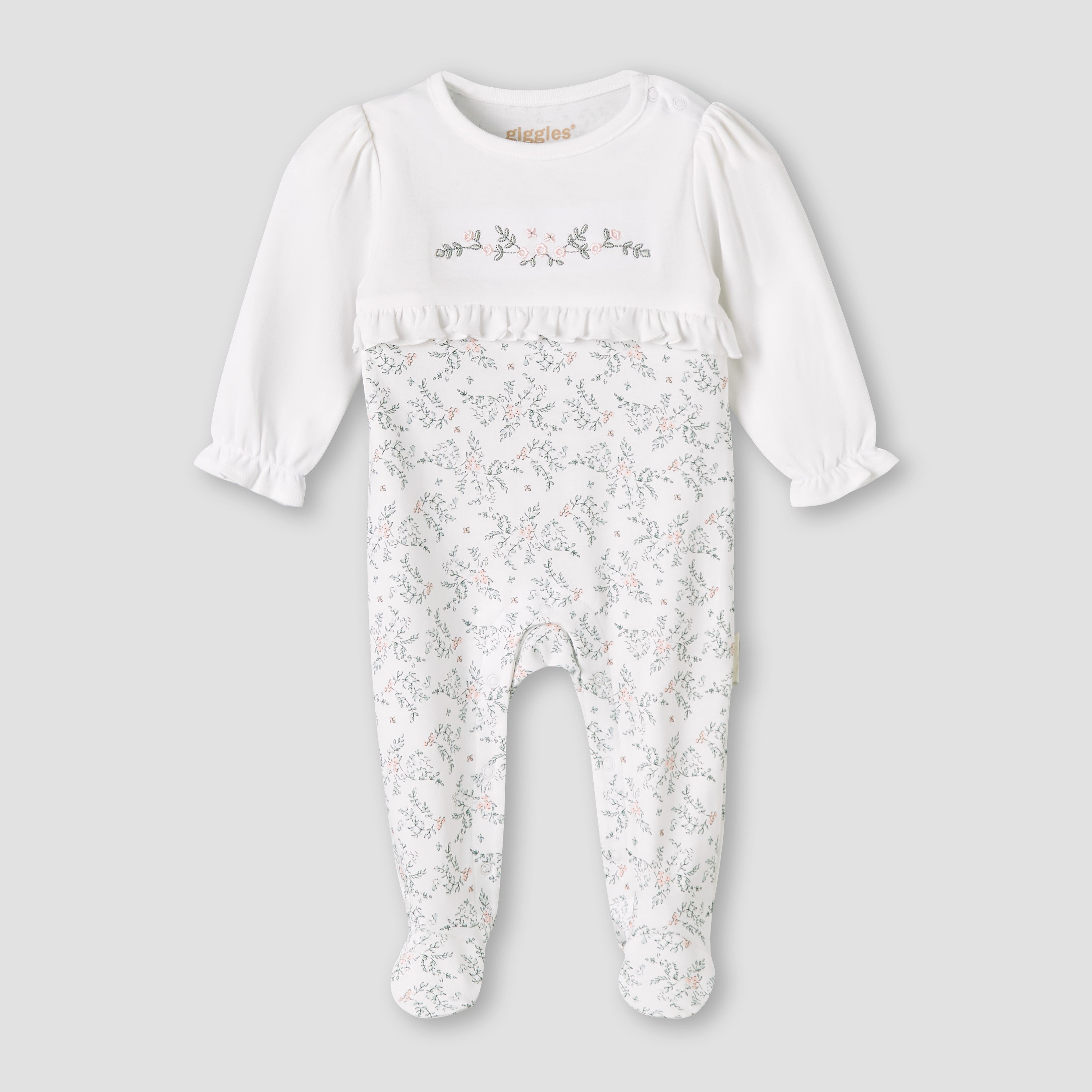 Giggles Cotton Round Neck Long Sleeves Sleepsuit with Floral Embroidery