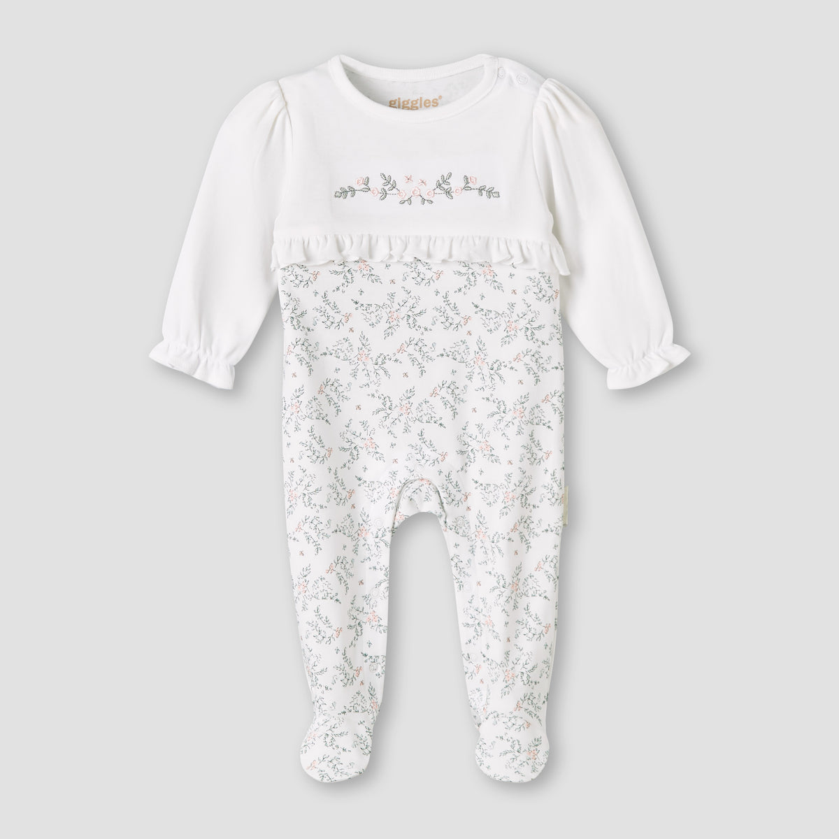 Giggles Cotton Round Neck Long Sleeves Sleepsuit with Floral Embroidery