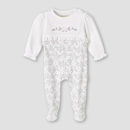 Giggles Cotton Round Neck Long Sleeves Sleepsuit with Floral Embroidery
