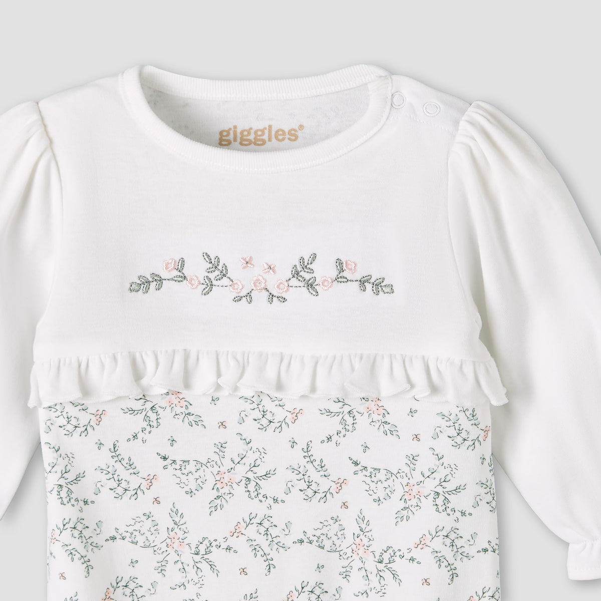 Giggles Cotton Round Neck Long Sleeves Sleepsuit with Floral Embroidery