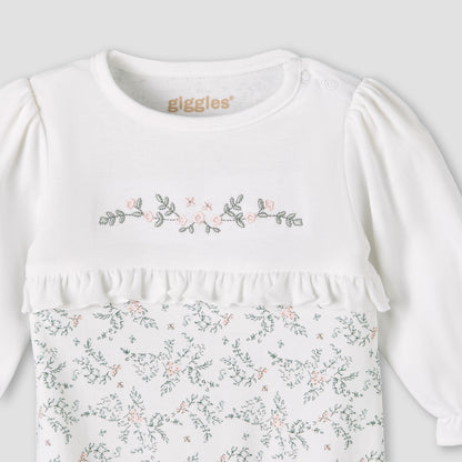 Giggles Cotton Round Neck Long Sleeves Sleepsuit with Floral Embroidery