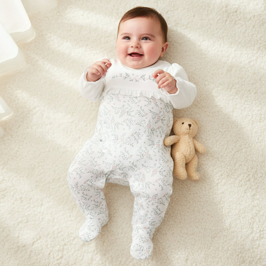 Giggles Cotton Round Neck Long Sleeves Sleepsuit with Floral Embroidery - White / 12-18 mths