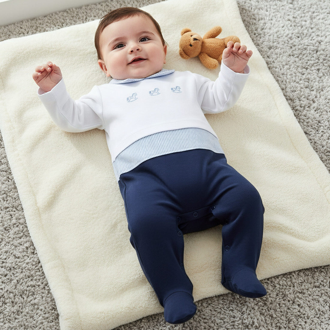 Giggles Cotton Collared Long Sleeves Sleepsuit with Horse Embroidery - Blue / 12-18 mths