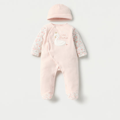 Juniors Printed Velour Closed Feet Sleepsuit with Cap - Pink / 9-12 mths