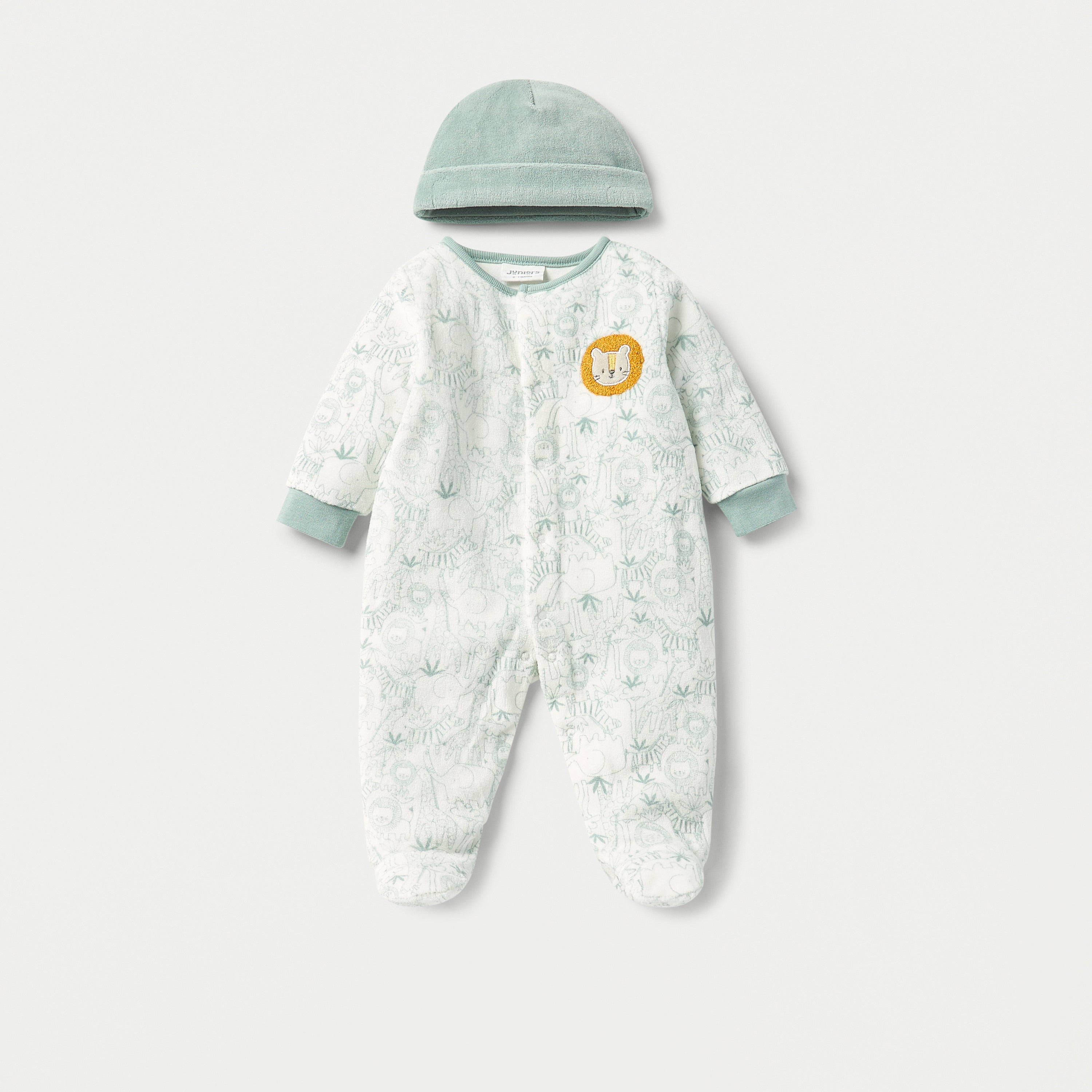 Juniors Lion Print Velour Closed Feet Sleepsuit with Cap - Green / 9-12 mths