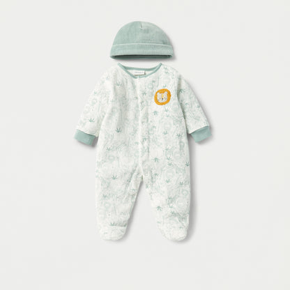 Juniors Lion Print Velour Closed Feet Sleepsuit with Cap - Green / 9-12 mths