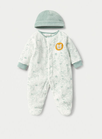 Juniors Lion Print Velour Closed Feet Sleepsuit with Cap-baby-boys-clothing-nightwear-sleepsuits-image-1