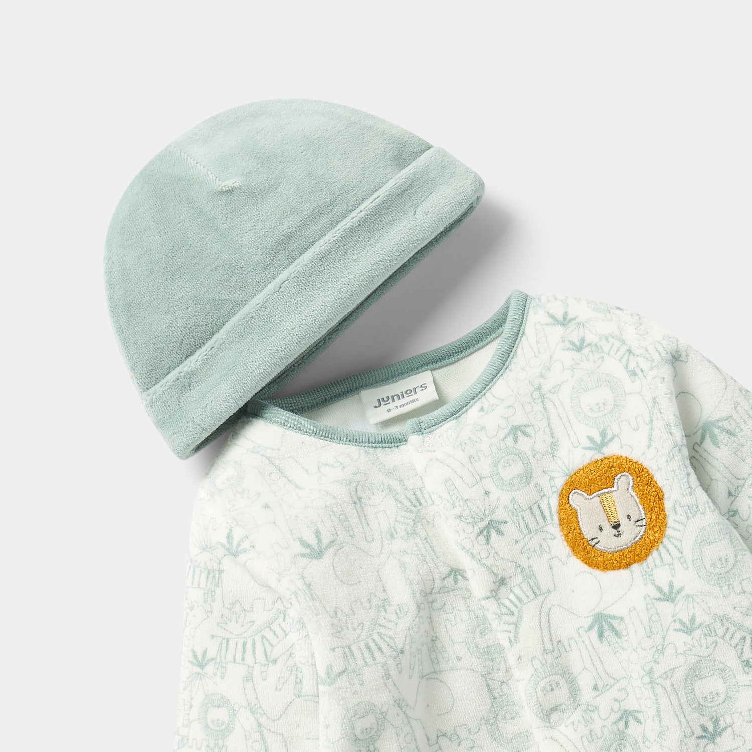 Juniors Lion Print Velour Closed Feet Sleepsuit with Cap