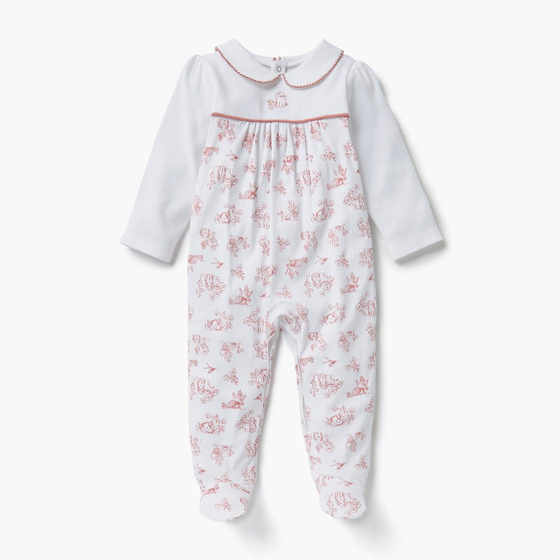 Giggles Animal Print Collared Neckline Closed Feet Sleepsuit with Button Closure - White / 12-18 mths