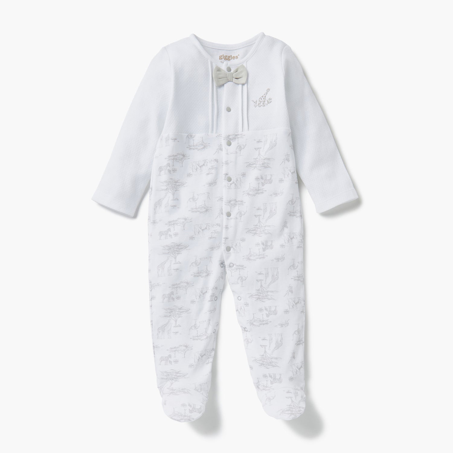 Giggles Animal Print Closed Feet Sleepsuit with Button Closure - White / 12-18 mths