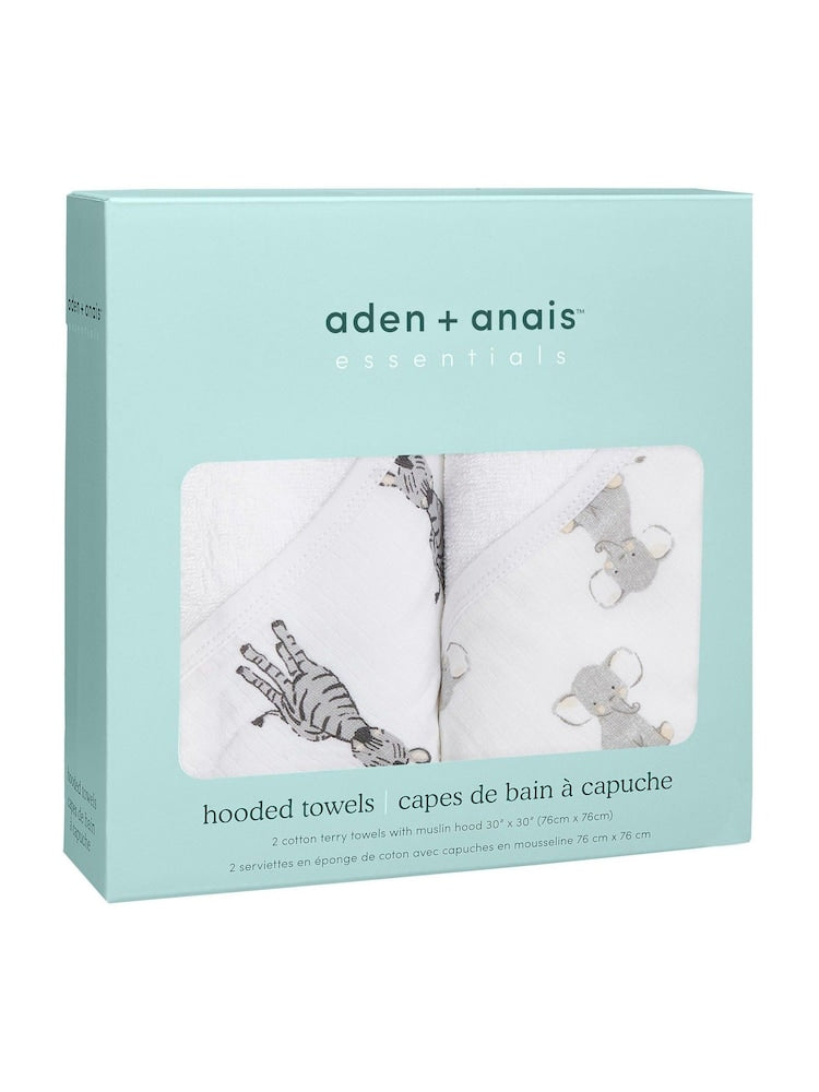 aden + anais White 100% Cotton Essentials Hooded Towel Safari Babes 2 Pack - Size One