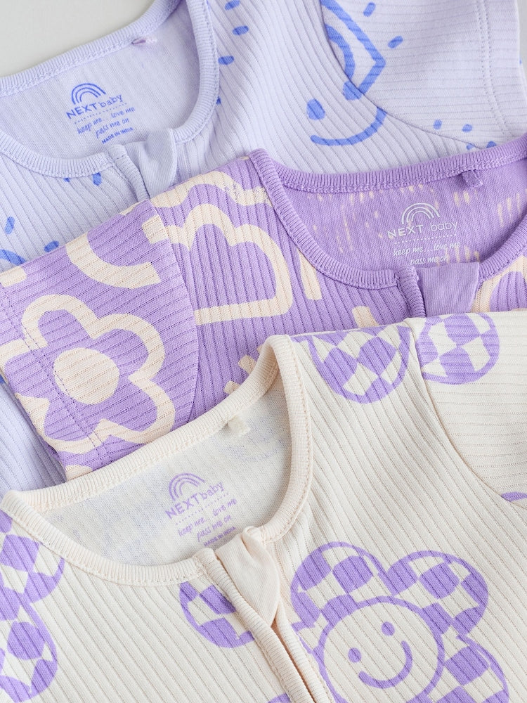 Lilac Purple Two Way Zip Baby Sleepsuits 3 Pack (0mths-3yrs)