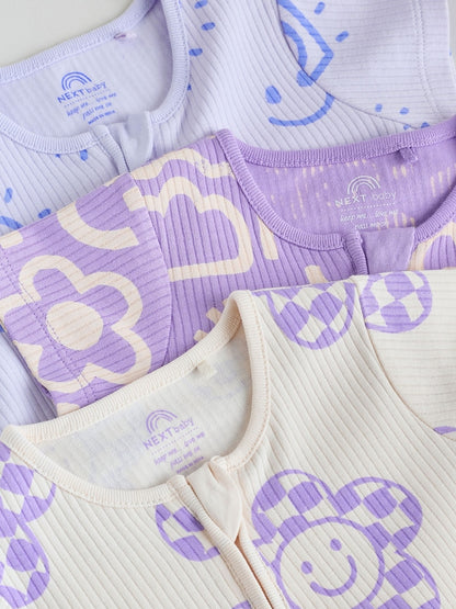 Lilac Purple Two Way Zip Baby Sleepsuits 3 Pack (0mths-3yrs)